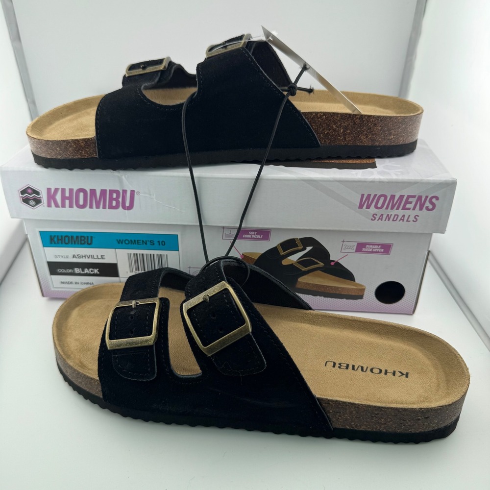 Khombu Ashville Sandals Women 10 Black NWT Suede Two Strap Buckle Slide Shoes